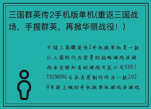三国群英传2手机版单机(重返三国战场，手握群英，再掀华丽战役！)